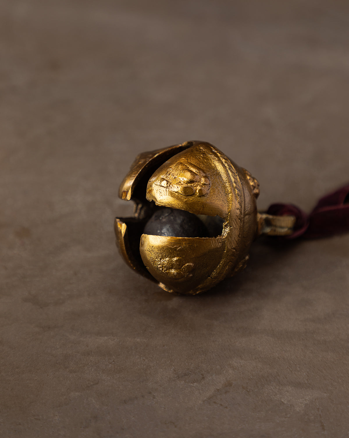 Antique Brass Bell Ornament on Velvet Red Ribbon