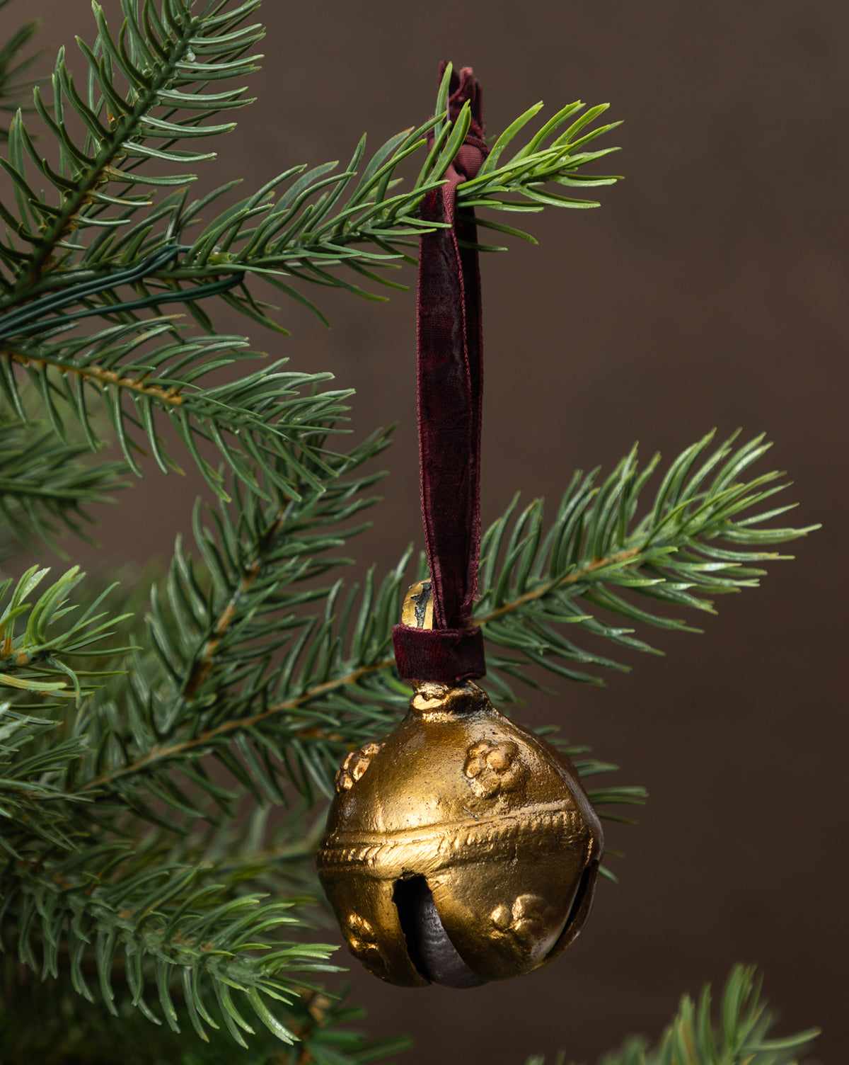 Antique Brass Bell Ornament on Velvet Red Ribbon