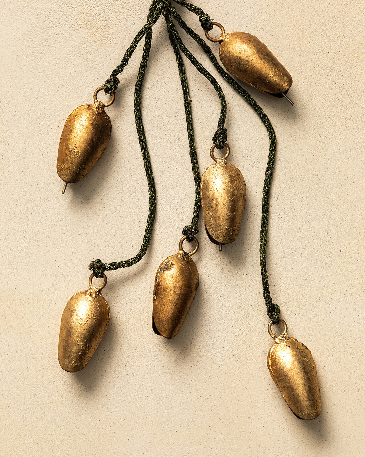 Antique Gold Hanging Bells on Green Rope