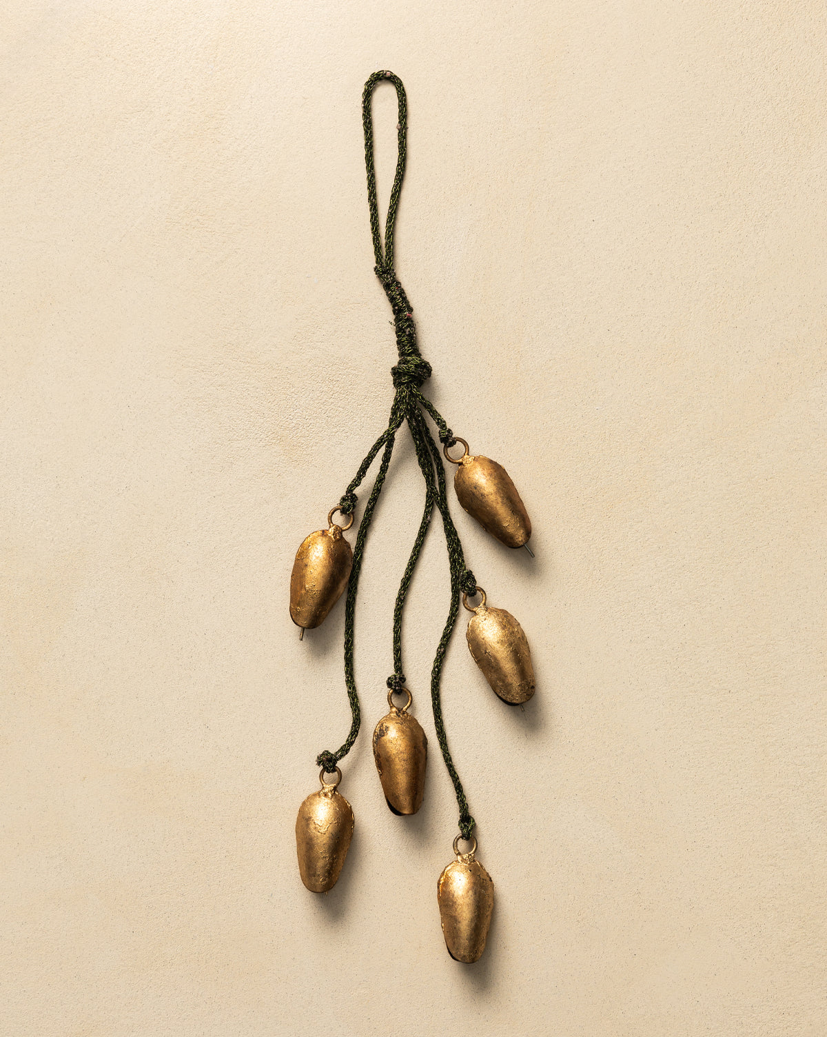 Antique Gold Hanging Bells on Green Rope