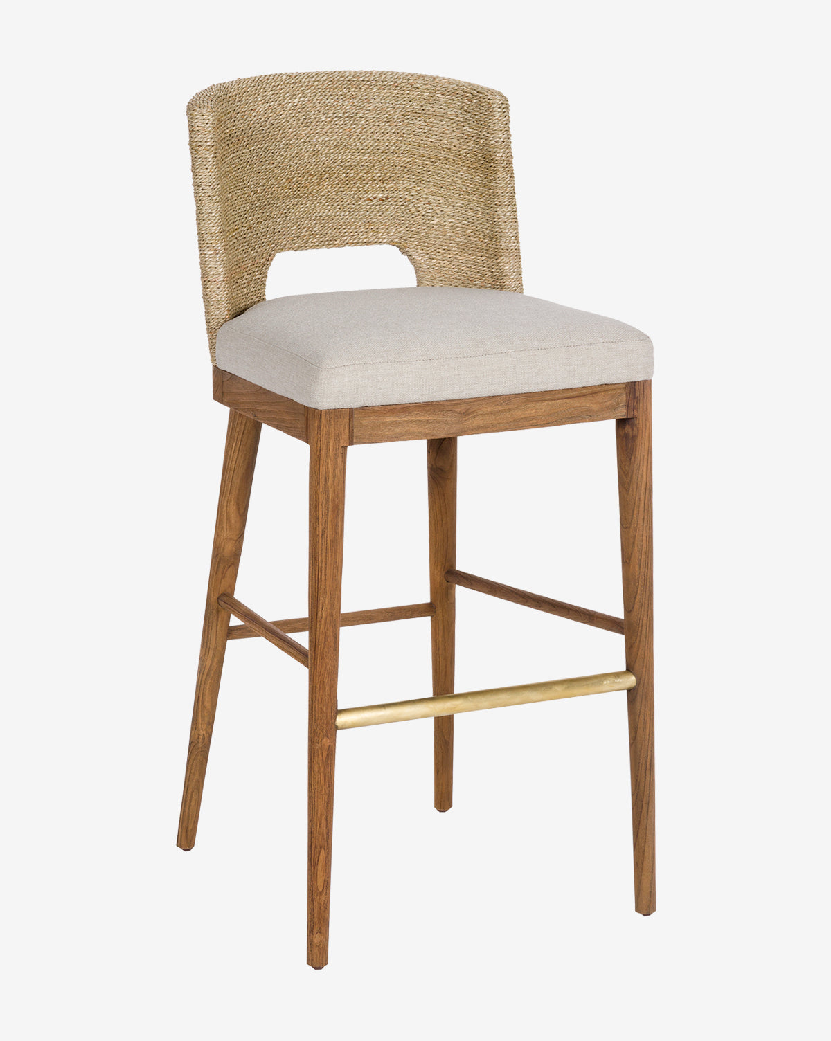 Adelyn Coastal Brown Teak Handwoven Seagrass Back Grey Performance Counter Stool Kathy Kuo Home