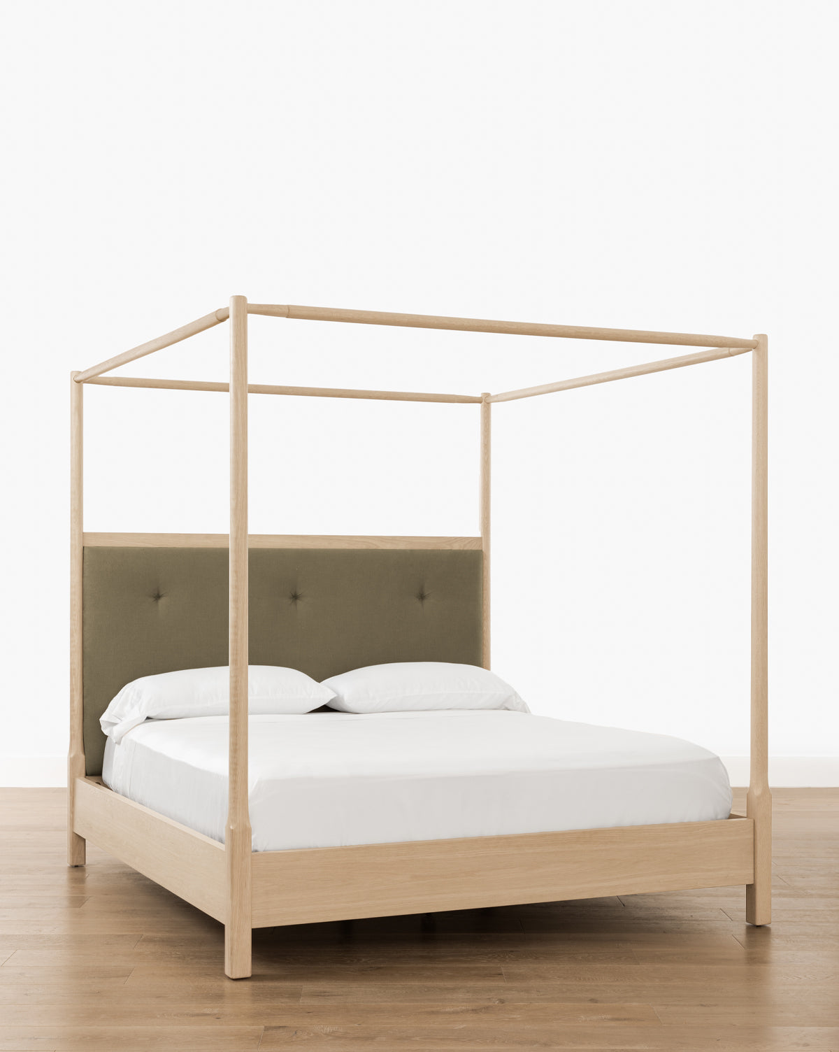 McGee & Co. oak bed frame in styled bedroom for fall