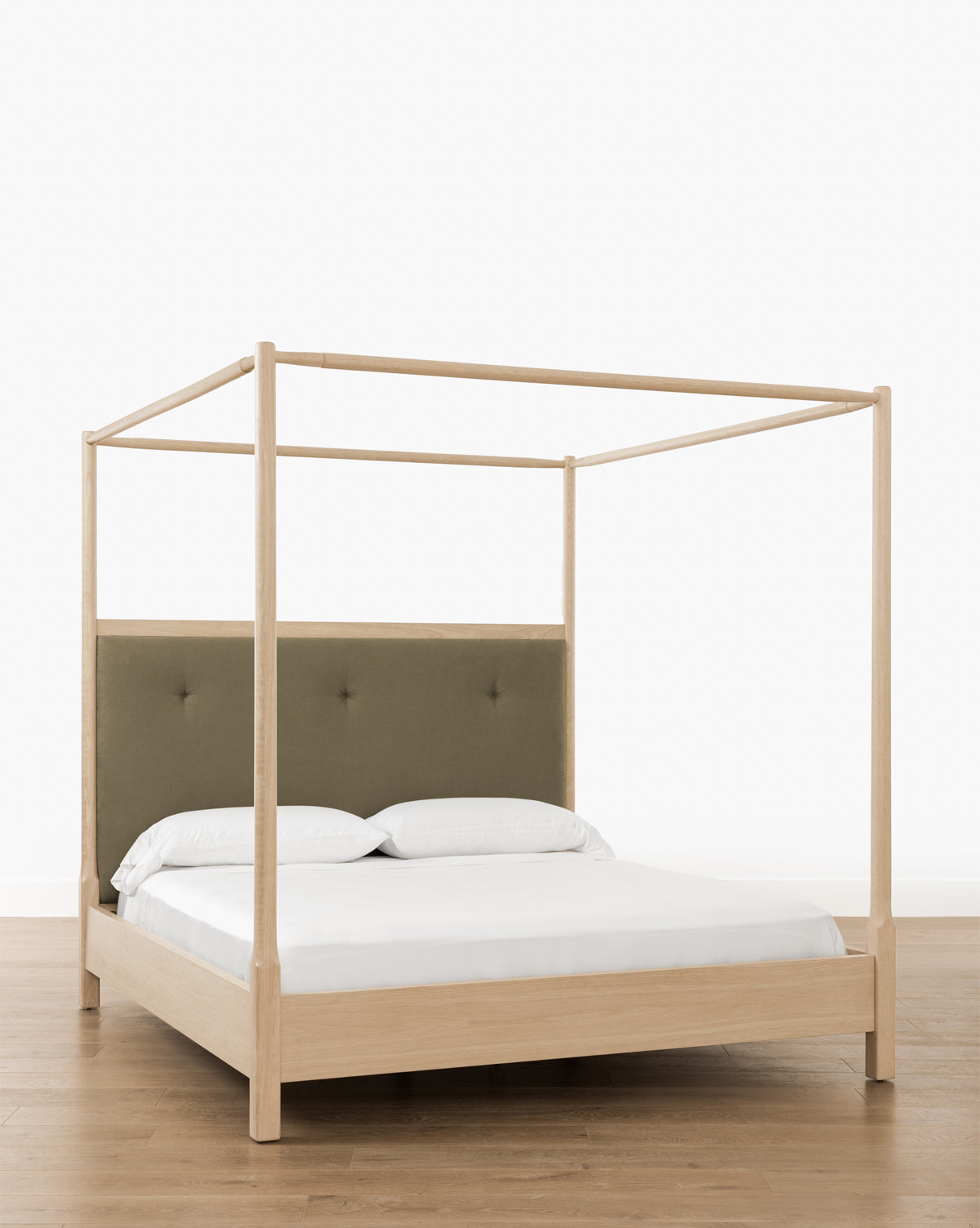 McGee & Co. oak bed frame in styled bedroom for fall