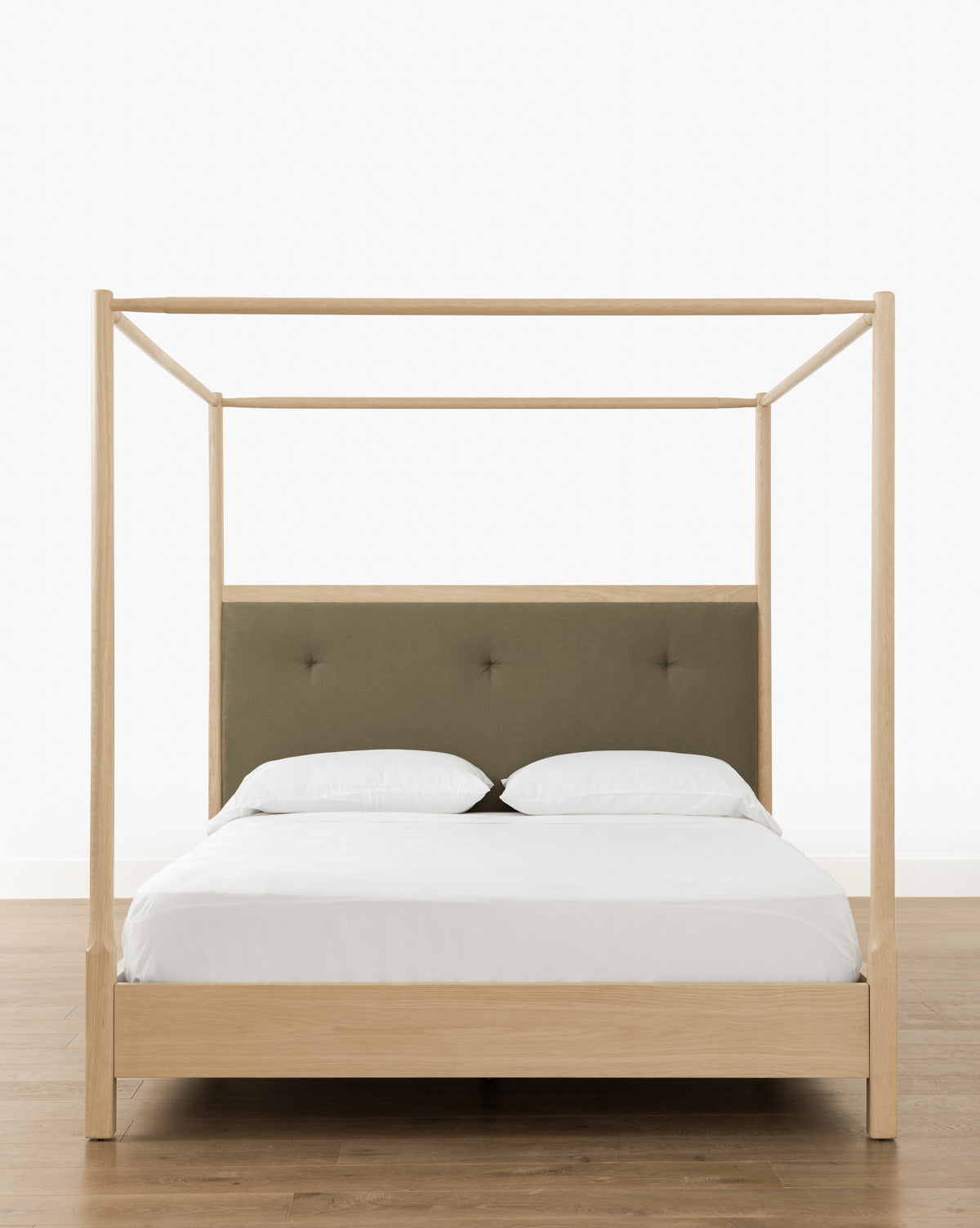 McGee & Co. oak bed frame in styled bedroom for fall