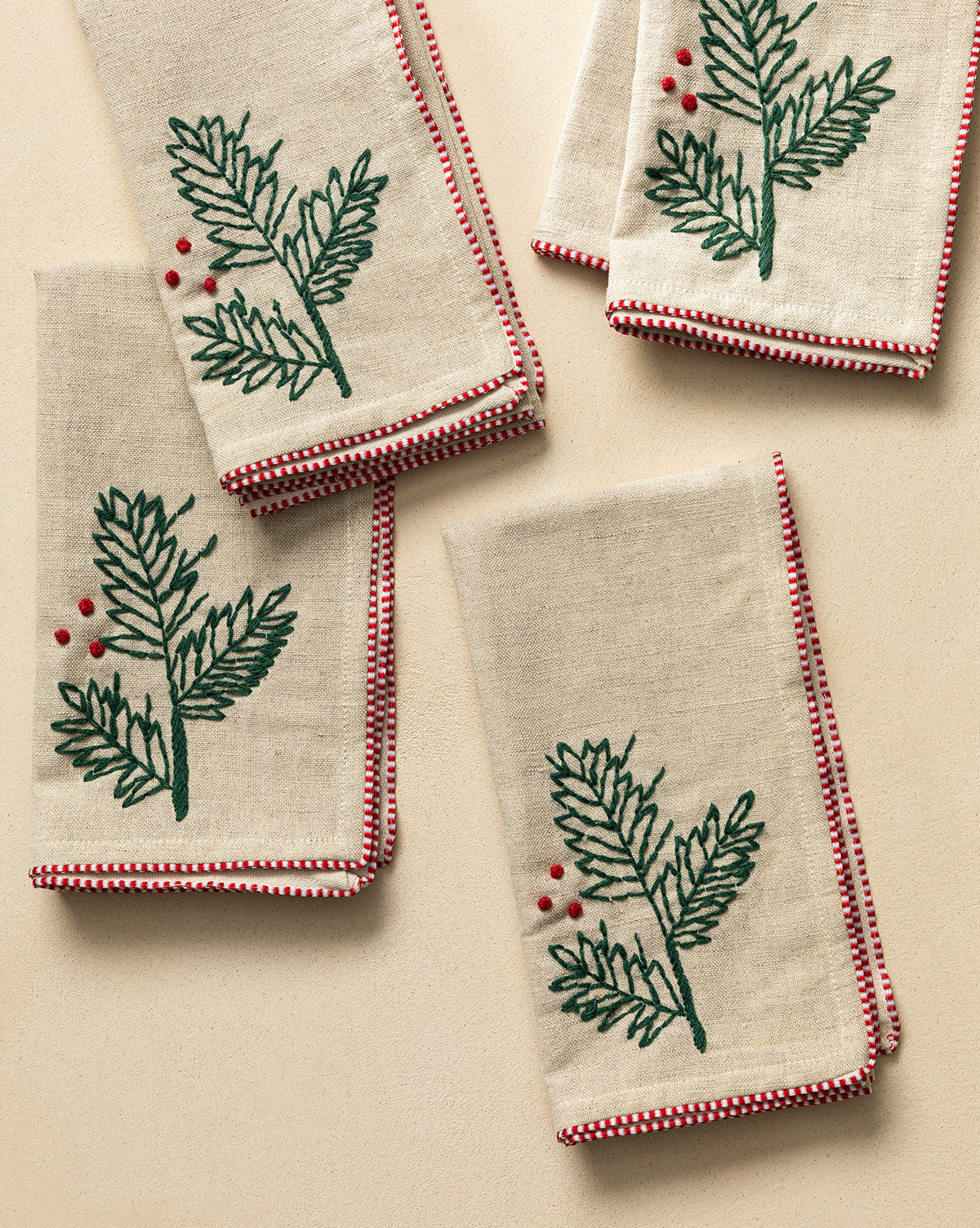 Holly & French Knot Linen Blend Napkins (Set of 4)