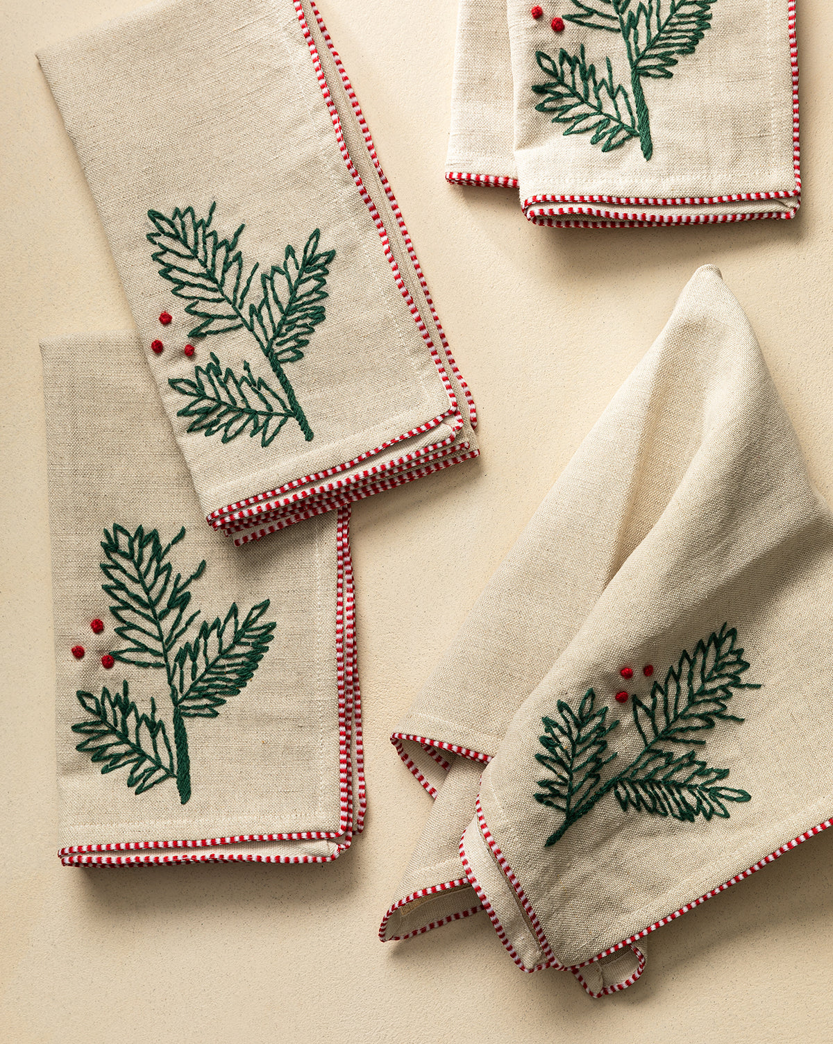 Holly & French Knot Linen Blend Napkins (Set of 4)