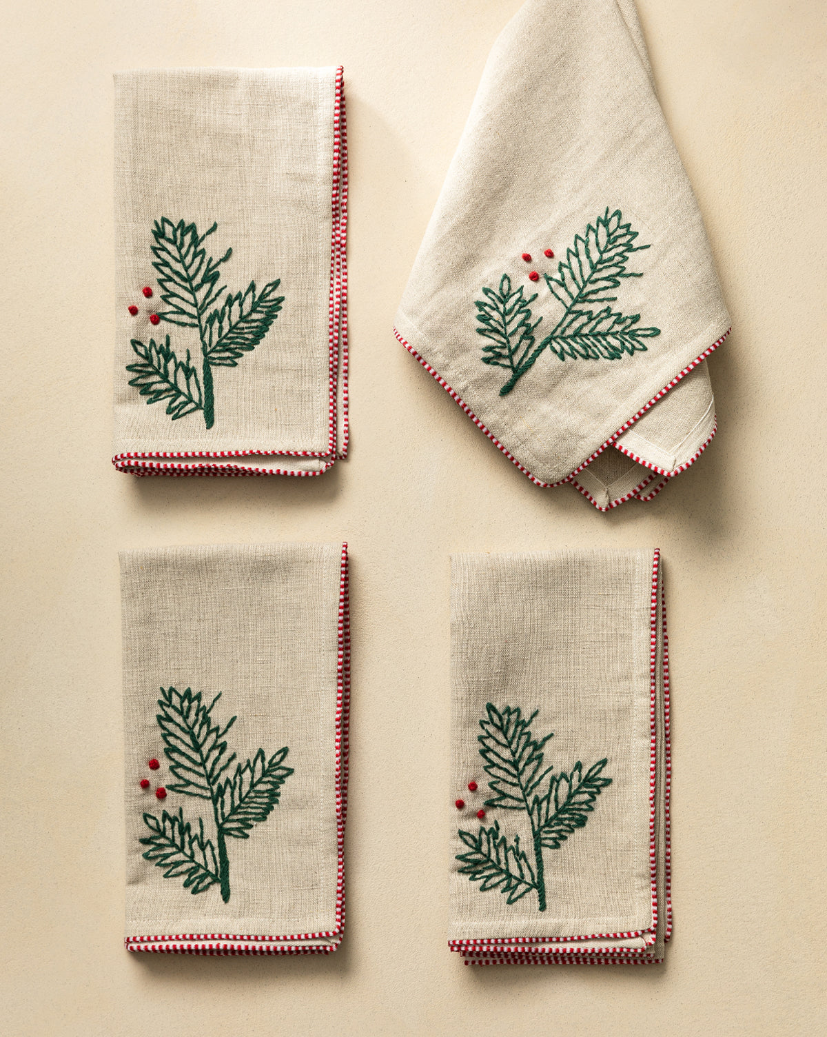 Holly & French Knot Linen Blend Napkins (Set of 4)