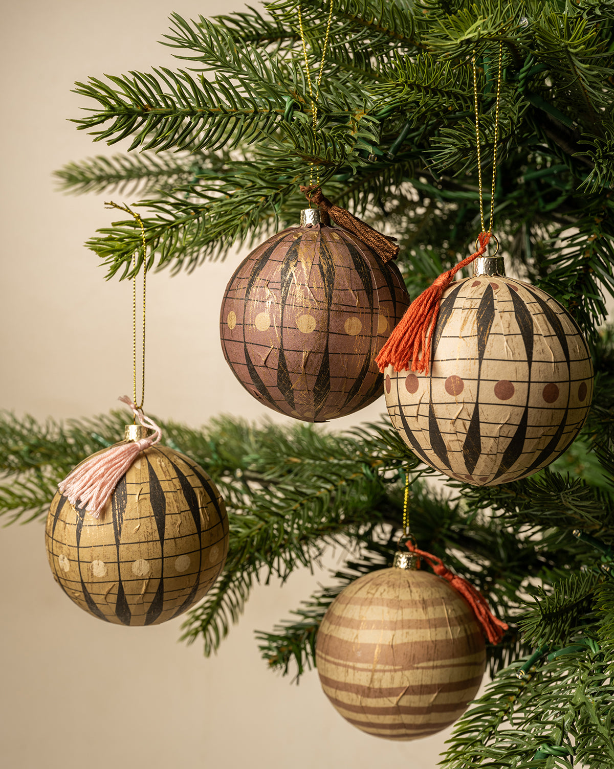 Paper Mache 3" Ornaments (Set of 4)